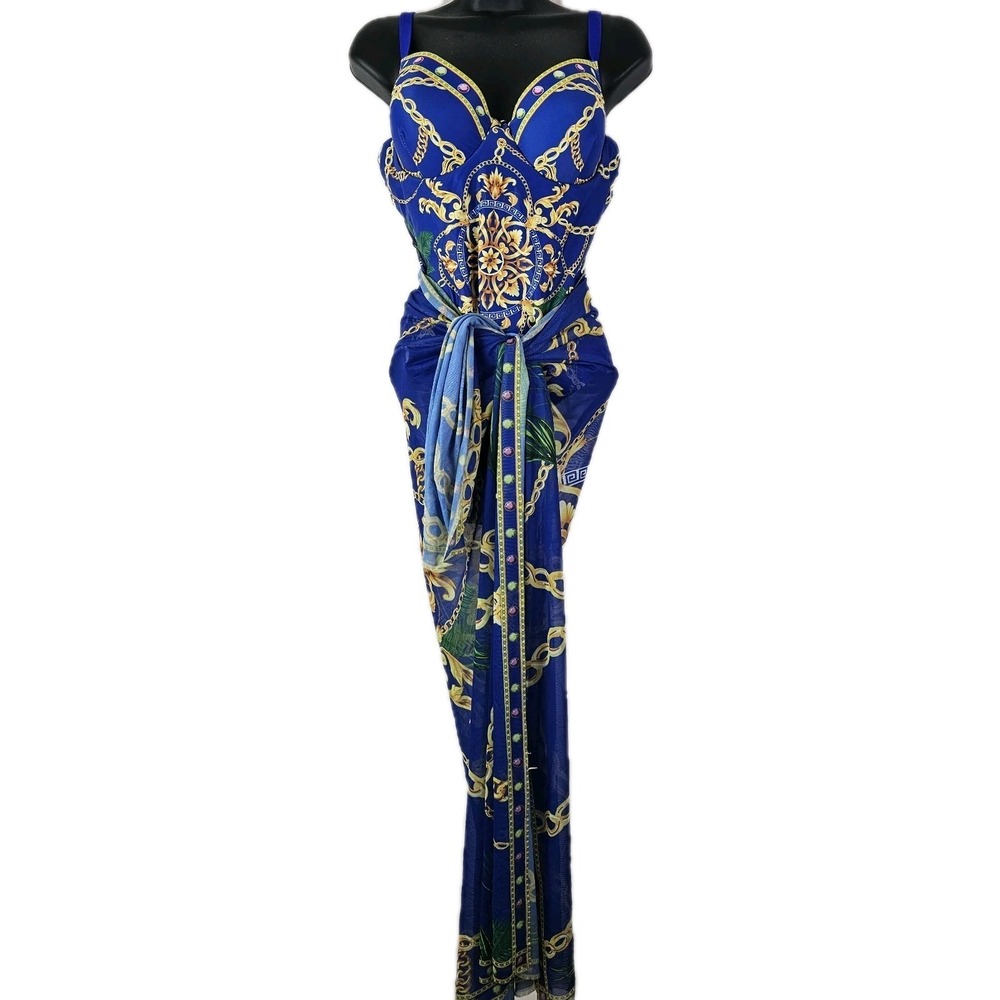 Ladies Blue Gold Swimsuit and Cover Up Sarong Tropical XL One Piece Bathing Suit - Picture 2 of 9